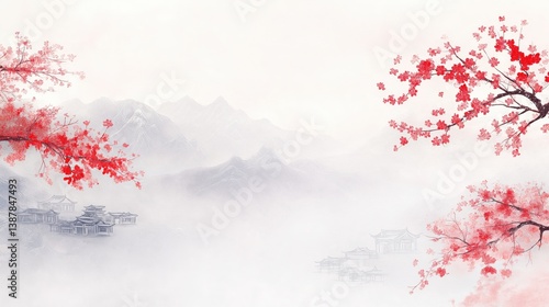 Elegant watercolor-style landscape with cherry blossoms and mountains. Ideal for cultural, artistic, and decor themes.