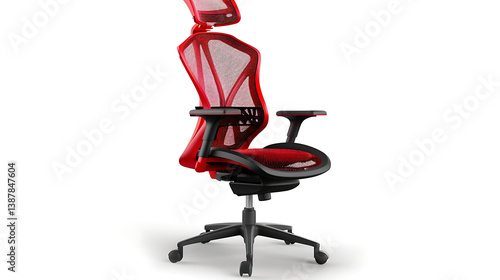 A red ergonomic office chair with mesh back and seat, on wheels.