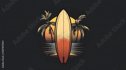 Illustration of a surfboard with palm trees and sunset.