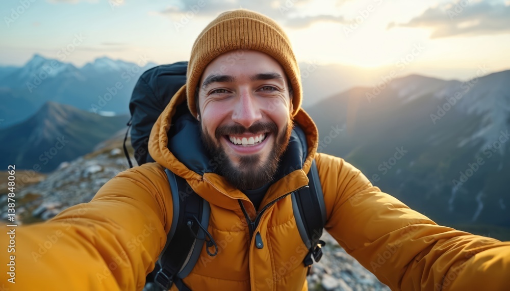 Young man takes selfie at mountain peak. Happy guy smiles at camera with scenic view. Outdoor activity, sports lifestyle, travel adventure, social media influencer. Smiling tourist, hiking. Young man takes selfie at mountain peak. Happy guy smiles at camera with scenic view. Outdoor activity, sports lifestyle, travel adventure, social media influencer. Smiling tourist, hiking.