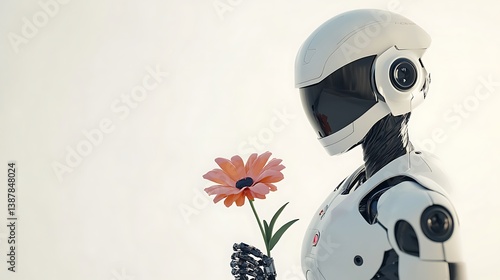 A futuristic robot holds a pink flower in its hand.