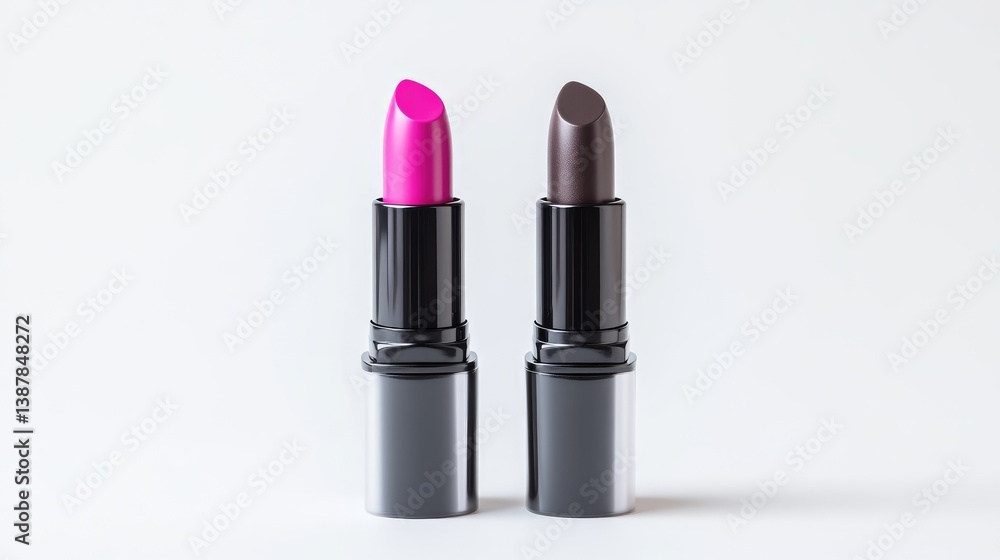 Two lipstick tubes stand side-by-side against a white background. One is bright pink, the other dark brown both have black casings. The image is clean and well-lit, showcasing product detail. Its a Two lipstick tubes stand side-by-side against a white background. One is bright pink, the other dark brown both have black casings. The image is clean and well-lit, showcasing product detail. Its a