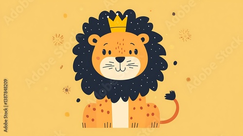 A cute cartoon lion with a golden crown on a yellow background, surrounded by confetti.