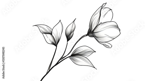 A delicate, hand-drawn black and white illustration of a single flower with leaves.