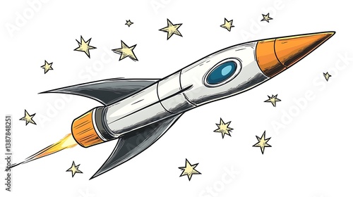 Hand drawn illustration of a rocket ship flying through space with stars.