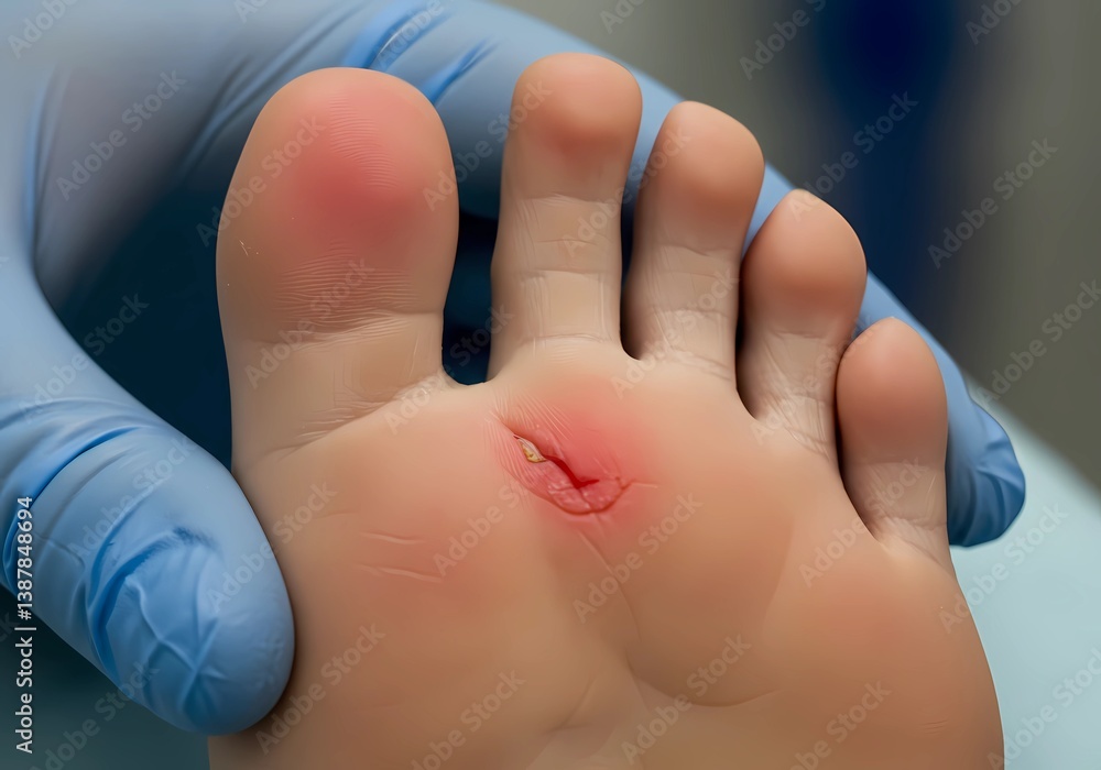 Naklejka premium Close-up of a Foot with a Wound in a Medical Setting