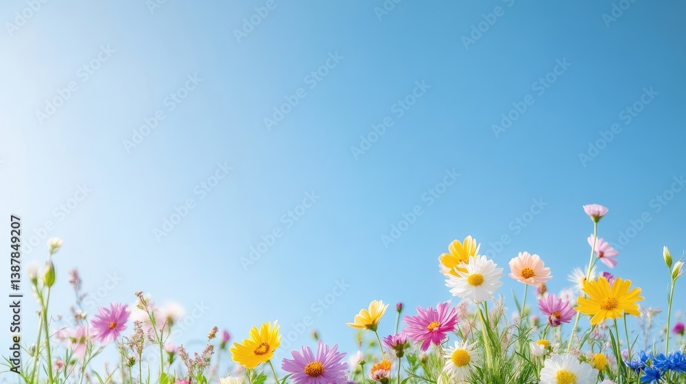 Vibrant wildflowers, in hues of pink, yellow, and white, bloom against a clear blue sky. The flowers form a horizontal line, creating a cheerful composition. The image is high quality, with sharp fo Vibrant wildflowers, in hues of pink, yellow, and white, bloom against a clear blue sky. The flowers form a horizontal line, creating a cheerful composition. The image is high quality, with sharp fo