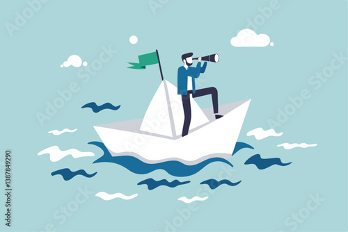 Exploration searching for new career opportunity, binocular vision to see future, look for journey, direction or guidance to success, businessman look through binocular to see sailing ship direction.