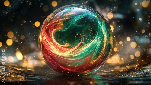 A radiant holiday sphere with glowing emerald green and vibrant crimson swirls encased in frosty translucent textures