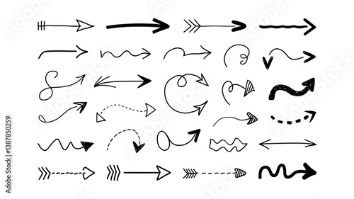 Arrow Collection: A collection of hand-drawn arrow designs, each with its own unique style, including straight, curved, dotted, and wavy variations.