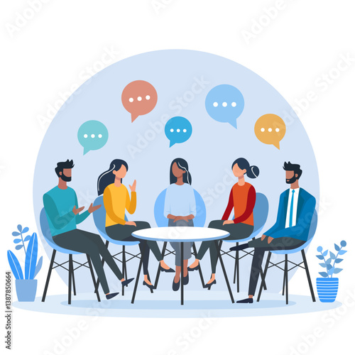 Flat vector illustration of diverse people sitting in a circle and having a discussion. Group meeting, brainstorming, or team collaboration concept with speech bubbles and modern interior