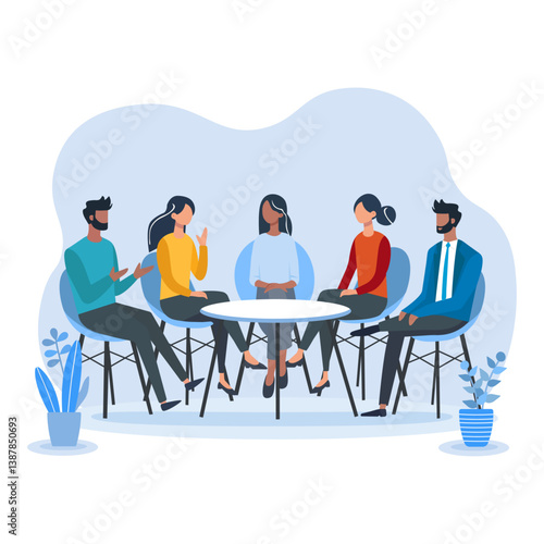 Flat vector illustration of diverse people sitting in a circle and having a discussion. Group meeting, brainstorming, or team collaboration concept with speech bubbles and modern interior