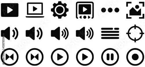 Collection Of Black And White Media Player And Control Icons Vector Graphic