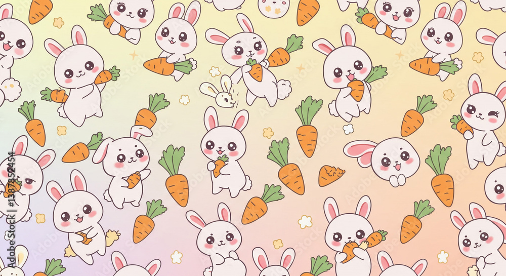 Kawaii-style repeating pattern with bunnies and carrots 