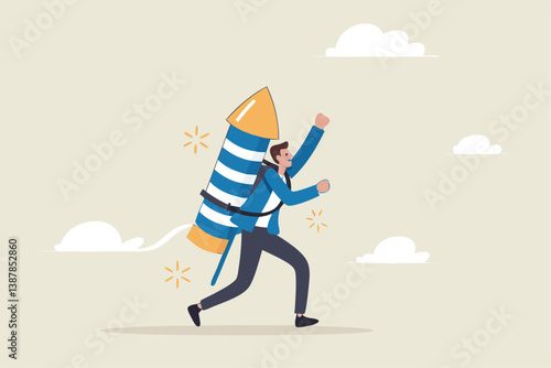 Start business, startup or begin new company, boost business acceleration, fast rising or courage entrepreneur, creativity to win concept, courage businessman with firework booster starting to fly.