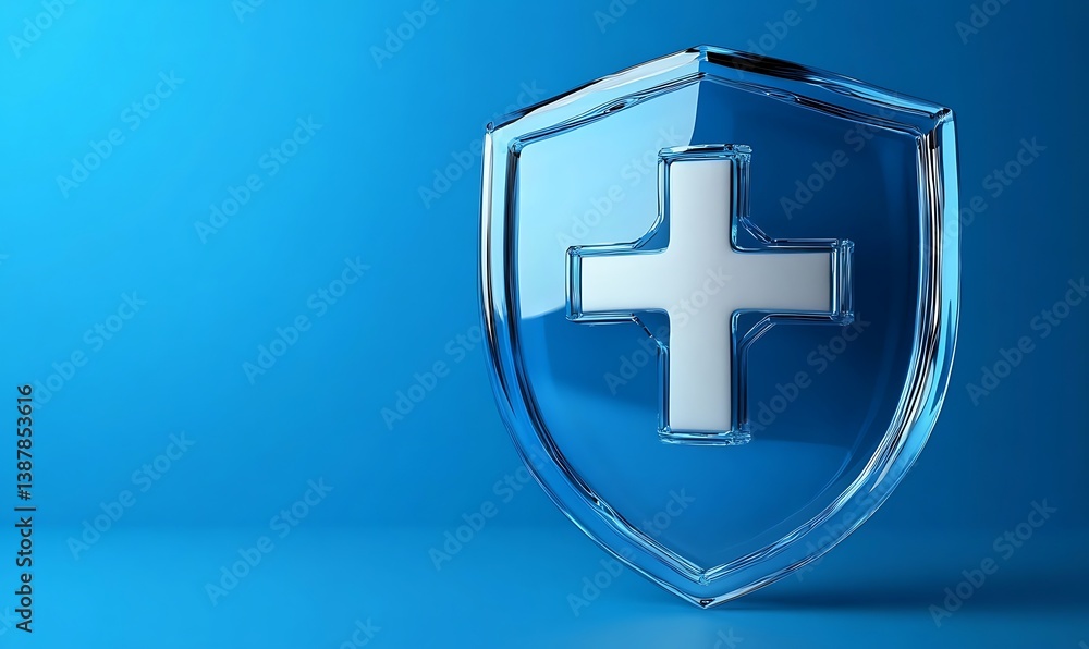 Obraz premium 3d render of shield with cross health hospital medic medical pharmacy symbol blue background , 
