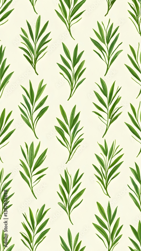 Fototapeta premium Botanical pattern of green leaves on a beige background, nature inspired art