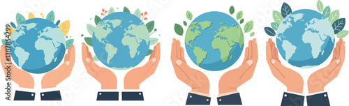 Set of Earth held in human hands with leaves, flat eco vector style. World Environment Day