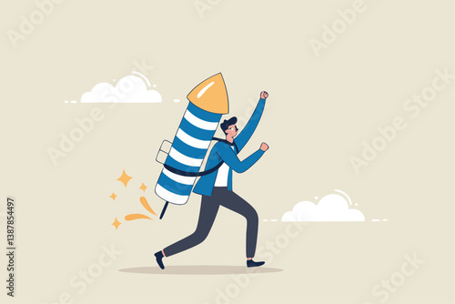 Start business, startup or begin new company, boost business acceleration, fast rising or courage entrepreneur, creativity to win concept, courage businessman with firework booster starting to fly.