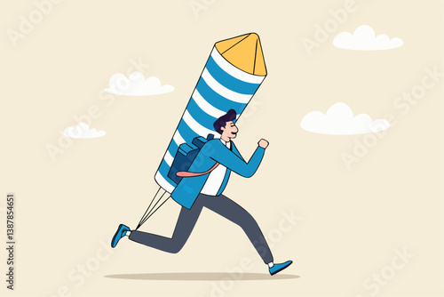 Start business, startup or begin new company, boost business acceleration, fast rising or courage entrepreneur, creativity to win concept, courage businessman with firework booster starting to fly.