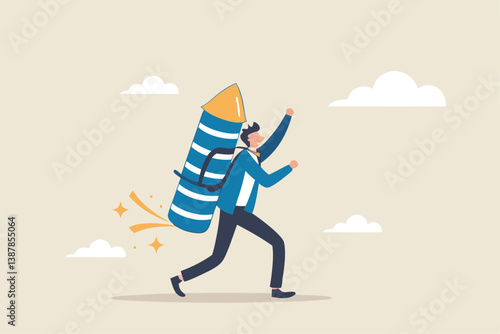 Start business, startup or begin new company, boost business acceleration, fast rising or courage entrepreneur, creativity to win concept, courage businessman with firework booster starting to fly.