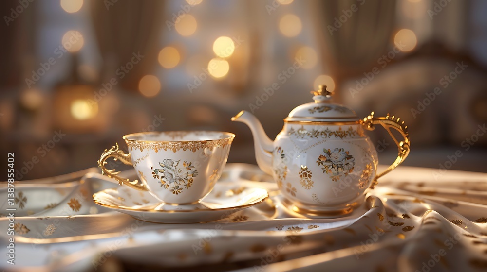 Fototapeta premium Elegant Tea Moments: Artistic Teapots and Cups with Steaming Tea in Warm, Cozy Ambiance