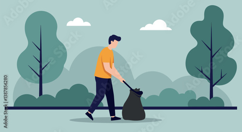 Man picking up trash in park with trees in flat vector style. World Environment Day