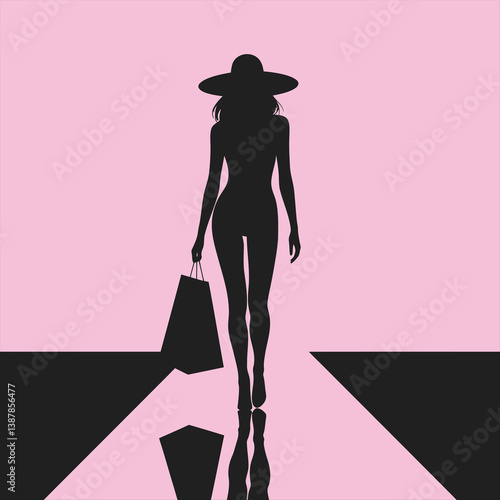 Stylish Woman Shopping on a Pink Runway/A bold silhouette of a woman wearing a large hat and carrying a shopping bag, striding confidently down a stylized pink and black runway.