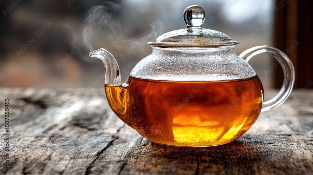 Steaming glass teakettle on wooden table Steaming glass teakettle on wooden table