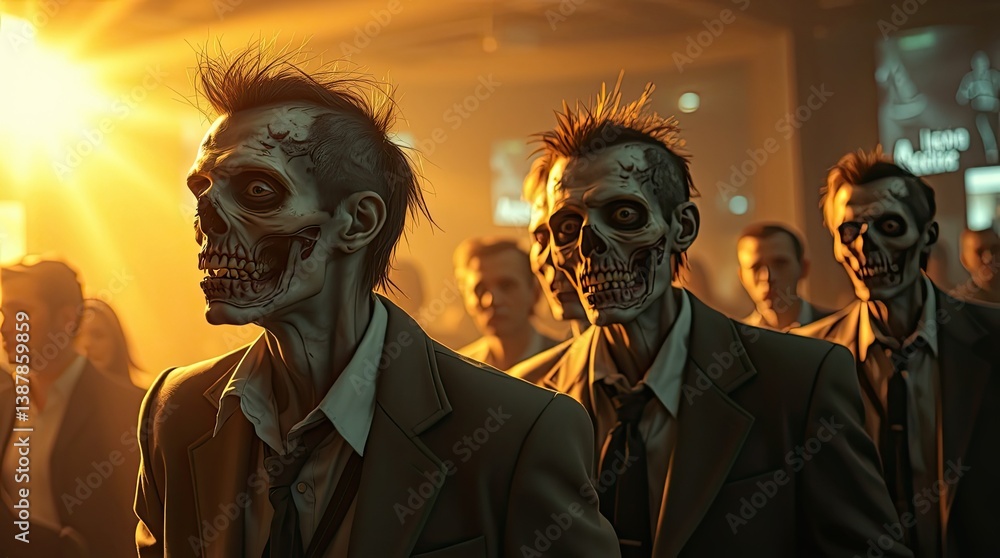 A group of skeleton performers dressed in suits walks among the audience adding a spooky vibe to the Halloween celebration in an atmospheric venue A group of skeleton performers dressed in suits walks among the audience adding a spooky vibe to the Halloween celebration in an atmospheric venue