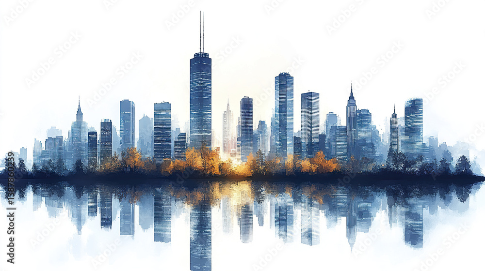 Fototapeta premium Stylized skyline of blue high rise buildings with reflection