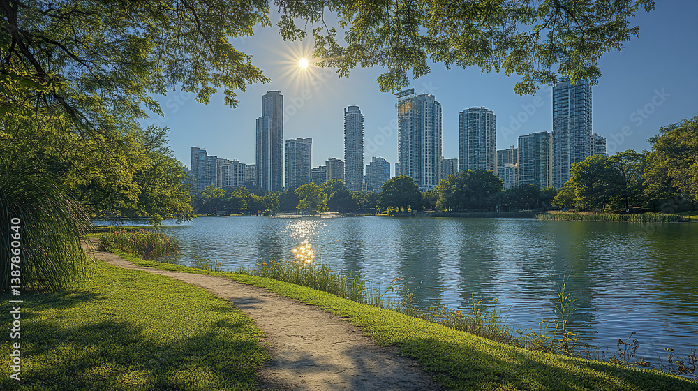 Fototapeta premium Sunny park trail beside lake with tall city buildings in background