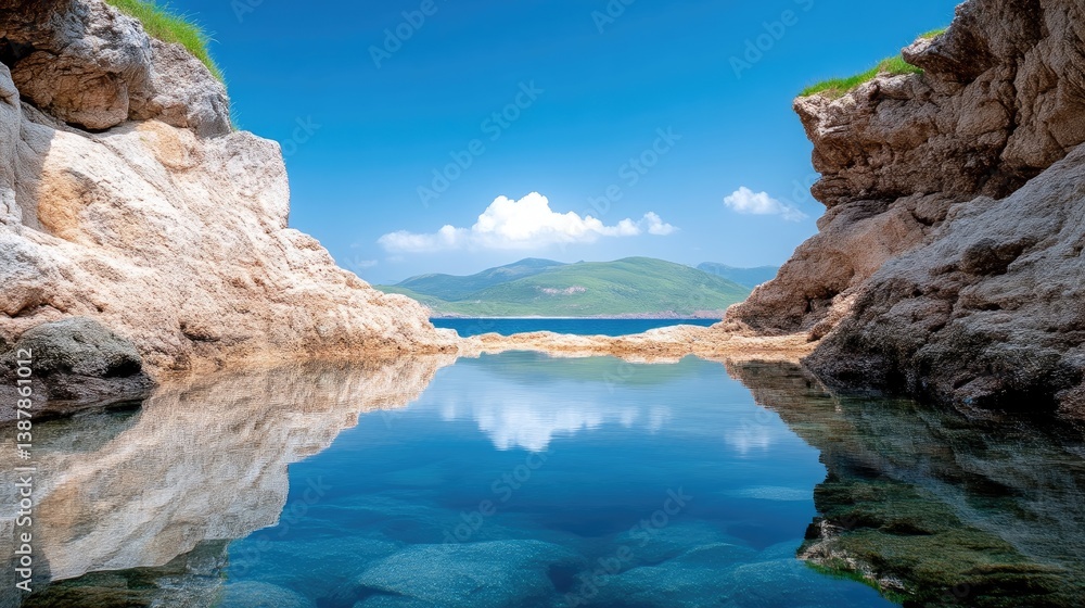 Tranquil cove, crystal-clear water reflecting a vibrant sky, framed by rugged cliffs Tranquil cove, crystal-clear water reflecting a vibrant sky, framed by rugged cliffs
