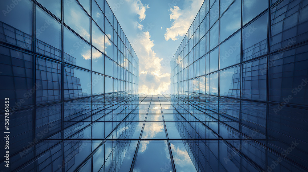 Symmetrical glass facade converging into V shape with sky reflection Symmetrical glass facade converging into V shape with sky reflection