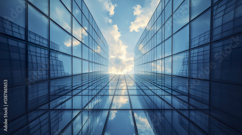 Symmetrical glass facade converging into V shape with sky reflection