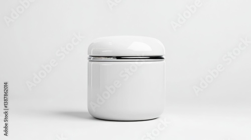 A sleek, white cylindrical container with a slightly domed lid and a thin, metallic band sits centrally against a plain white background. The image is clean and simple, with soft, even lighting. The