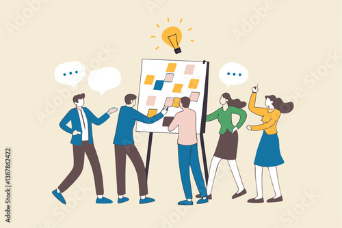 Workshop or business discussion, meeting or brainstorm new idea, training course class, Q and A, question and answer chat, business people in workshop meeting room with whiteboard and sticky notes.