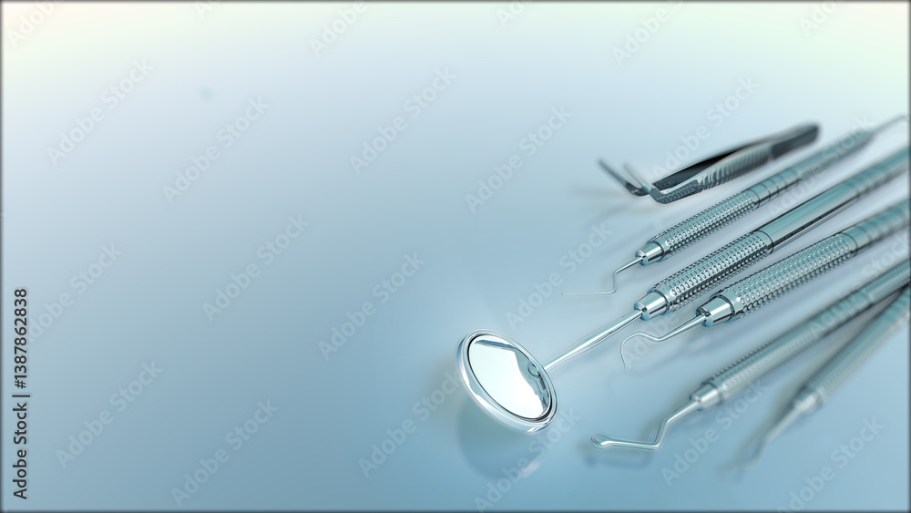 Dental tools in light blue background-3D rendering illustration. Dental tools in light blue background-3D rendering illustration.