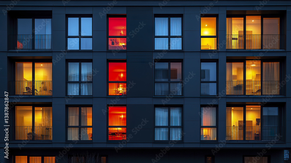 Modern apartment building with vibrant illuminated windows at twilight Modern apartment building with vibrant illuminated windows at twilight