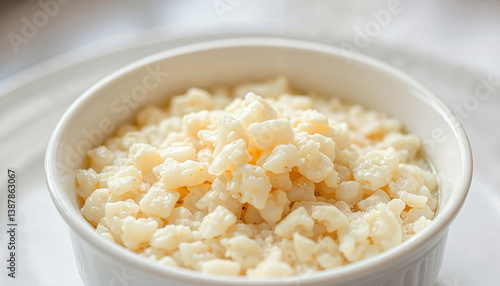 Creamy rice dish served in a bowl on a soft background  