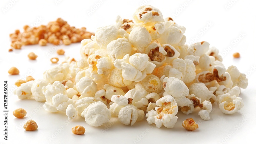 A pile of fluffy popcorn with a scattering of unpopped kernels, capturing a snack and movie night scene.
A pile of fluffy popcorn with a scattering of unpopped kernels, capturing a snack and movie night scene.
