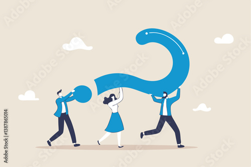 Problem solving, asking question or finding solution for difficulty, teamwork to solve problem or answer, confusion or brainstorm concept, business people colleagues help carry big question mark.
