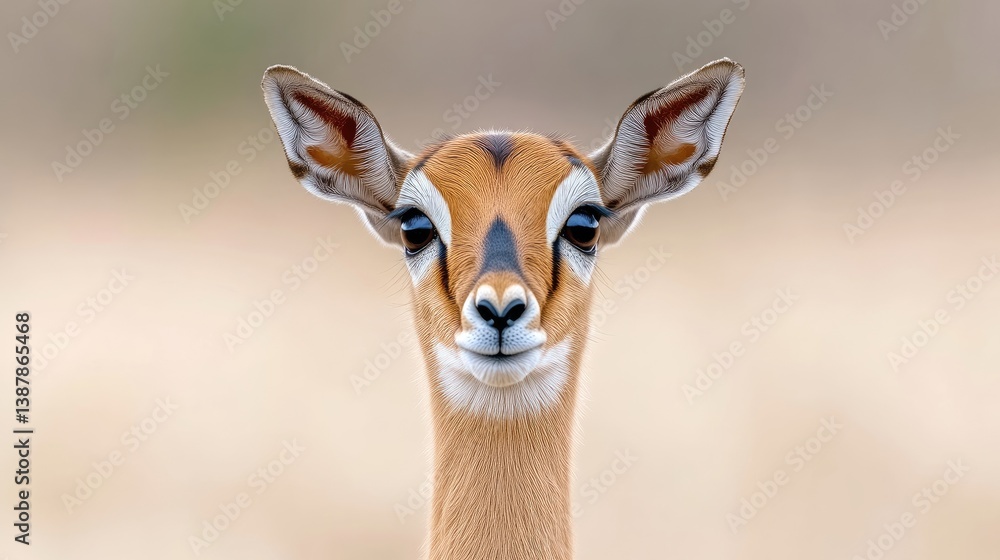 A young impala gazes directly at the camera. Its large ears and distinctive facial markings are clearly visible. The background is blurred, focusing attention on the animal. The photo is high-resolu A young impala gazes directly at the camera. Its large ears and distinctive facial markings are clearly visible. The background is blurred, focusing attention on the animal. The photo is high-resolu
