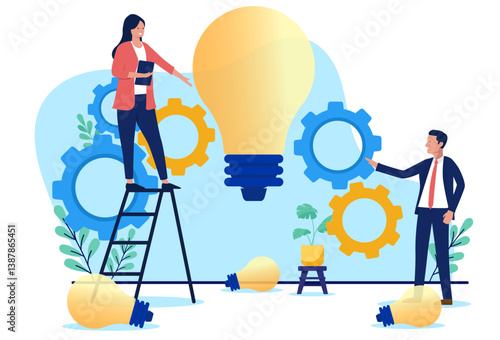 Creative business idea and innovation concept – Businesspeople working with light bulb and gear mechanism together creating ideas and solutions. Flat design vector illustration on white background