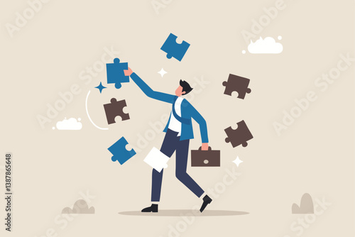 Finding jigsaw piece to complete work, career or success business, search for new idea to solve self problem, challenge or inspiration concept, businessman finding jigsaw to complete himself.