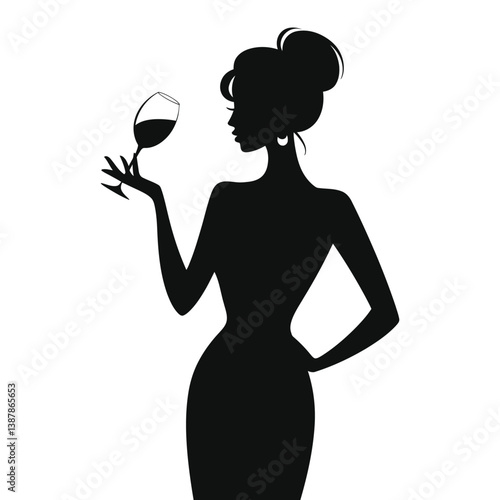 Elegant Silhouette of a Woman Enjoying Wine/A sophisticated black and white silhouette of a woman holding a wine glass.