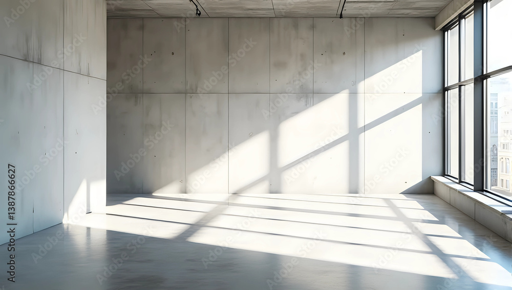 Obraz premium Potrait of empty modern room with large floor-to-ceiling windows, allowing soft natural light to flood in, clean lines and a spacious, open feel. Creating a minimalist, industrial aesthetic.