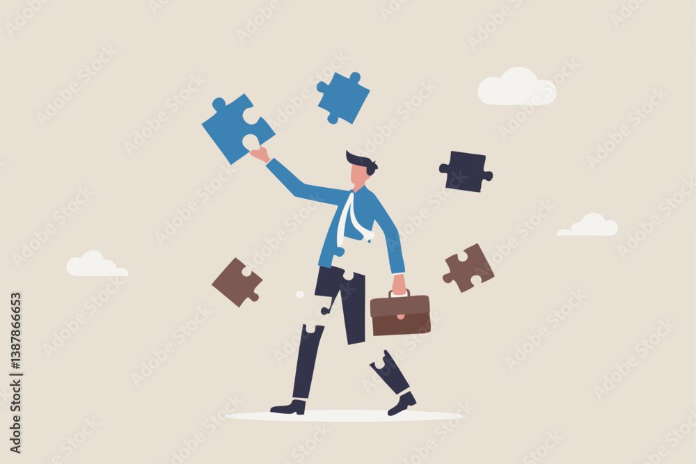 Obraz premium Finding jigsaw piece to complete work, career or success business, search for new idea to solve self problem, challenge or inspiration concept, businessman finding jigsaw to complete himself.