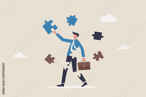 Finding jigsaw piece to complete work, career or success business, search for new idea to solve self problem, challenge or inspiration concept, businessman finding jigsaw to complete himself.