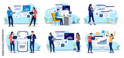 Businesspeople with business charts, data and graphs vector collection -  Set of illustrations with people analysing and looking at company results and financial information in flat design style